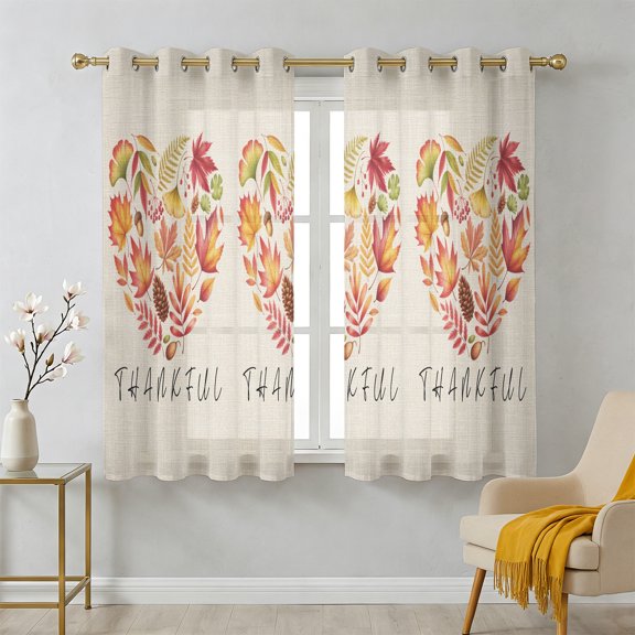 Thankful Leaf Love Sheer Curtains 39 Inch Long 2 Panels, Thanksgiving Maple Leaves Fruit Plant Linen Texture Light Filtering Semi Sheer Drapes Grommet Voile Curtain for Living Bedroom W27.9 x L39