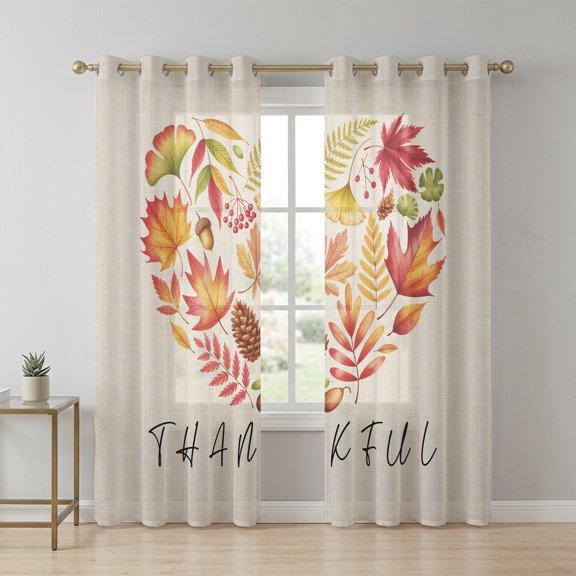 Thankful Leaf Love Sheer Curtains 72 Inch Long 2 Panels, Thanksgiving Maple Leaves Fruit Plant Linen Texture Light Filtering Semi Sheer Drapes Grommet Voile Curtain for Living Bedroom W52 x L72