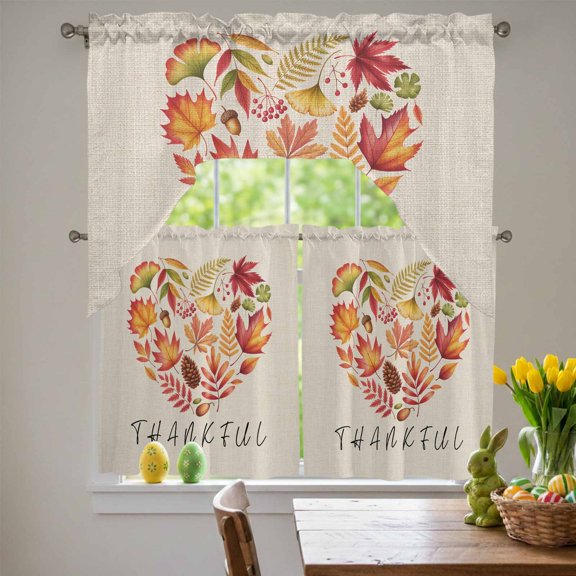 Thankful Leaf Love Swag Curtains Valance & Tier Set, Thanksgiving Rustic Maple Leaves Fruit Plant Linen Texture 3 Pcs Set Kitchen Swag Valances & Tiers 36 In Length Rod Pocket Curtain Drapes for Home