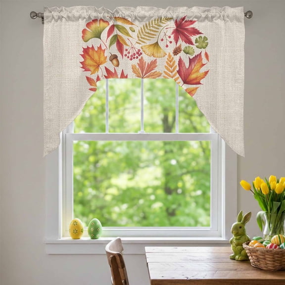 Thankful Leaf Love Swag Valances for Kitchen Window, Thanksgiving Rustic Maple Leaves Fruit Plant Linen Texture Small Swag Valances Rod Pocket Curtain Drapes Window Treatment for Bedroom 56x36 Inch