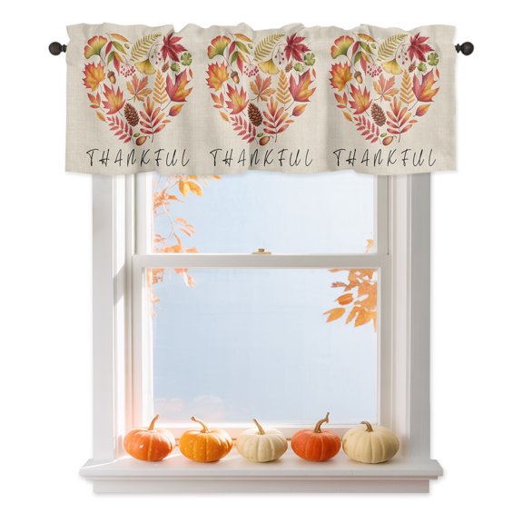 Thankful Leaf Love Valances for Windows, Thanksgiving Rustic Maple Leaves Fruit Plant Linen Texture Rod Pocket Valance Short Window Treatments Curtains for Kitchen Bathroom Bedroom Decor 42 x 12 Inch