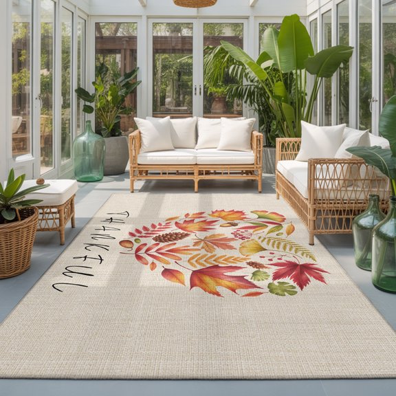 Thankful Leaf Love Washable Area Rugs 3'x5', Thanksgiving Rustic Maple Leaves Fruit Plant Linen Texture Washable Throw Living Room Rug Non-Slip Sturdy Edge Binding Carpet for Indoor Entryway Kitchen