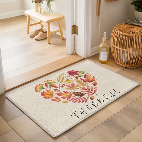 Thankful Leaf Love Washable Small Entryway Area Rugs 2'x3', Thanksgiving Rustic Maple Leaf Fruit Plant Linen Texture Washable Throw Rug Non-Slip Sturdy Carpet for Front Door Floor Room Entry