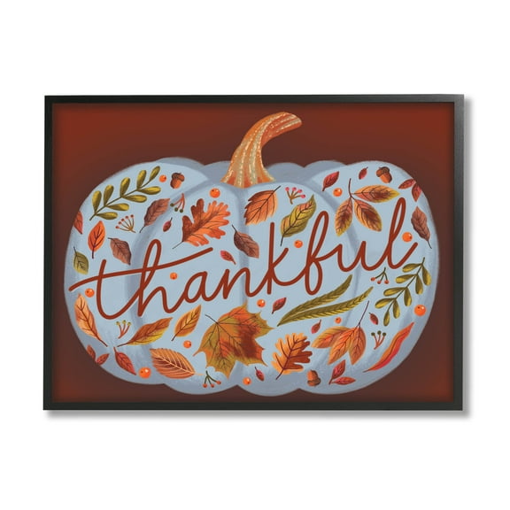 Thankful Leaf Patterned Pumpkin Holiday Graphic Art Black Framed Art Print Wall Art