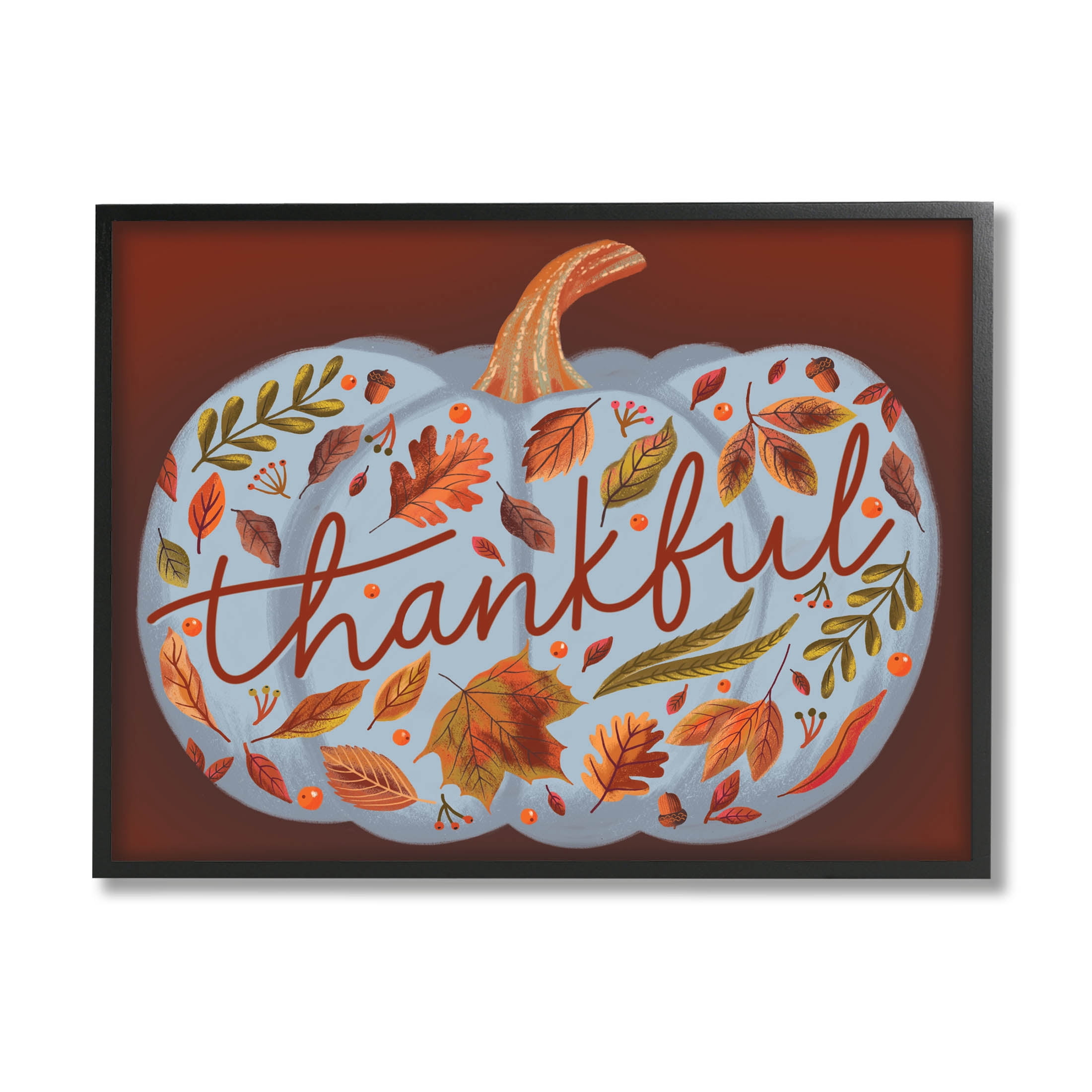 Thankful Leaf Patterned Pumpkin Holiday Graphic Art Black Framed Art Print Wall Art