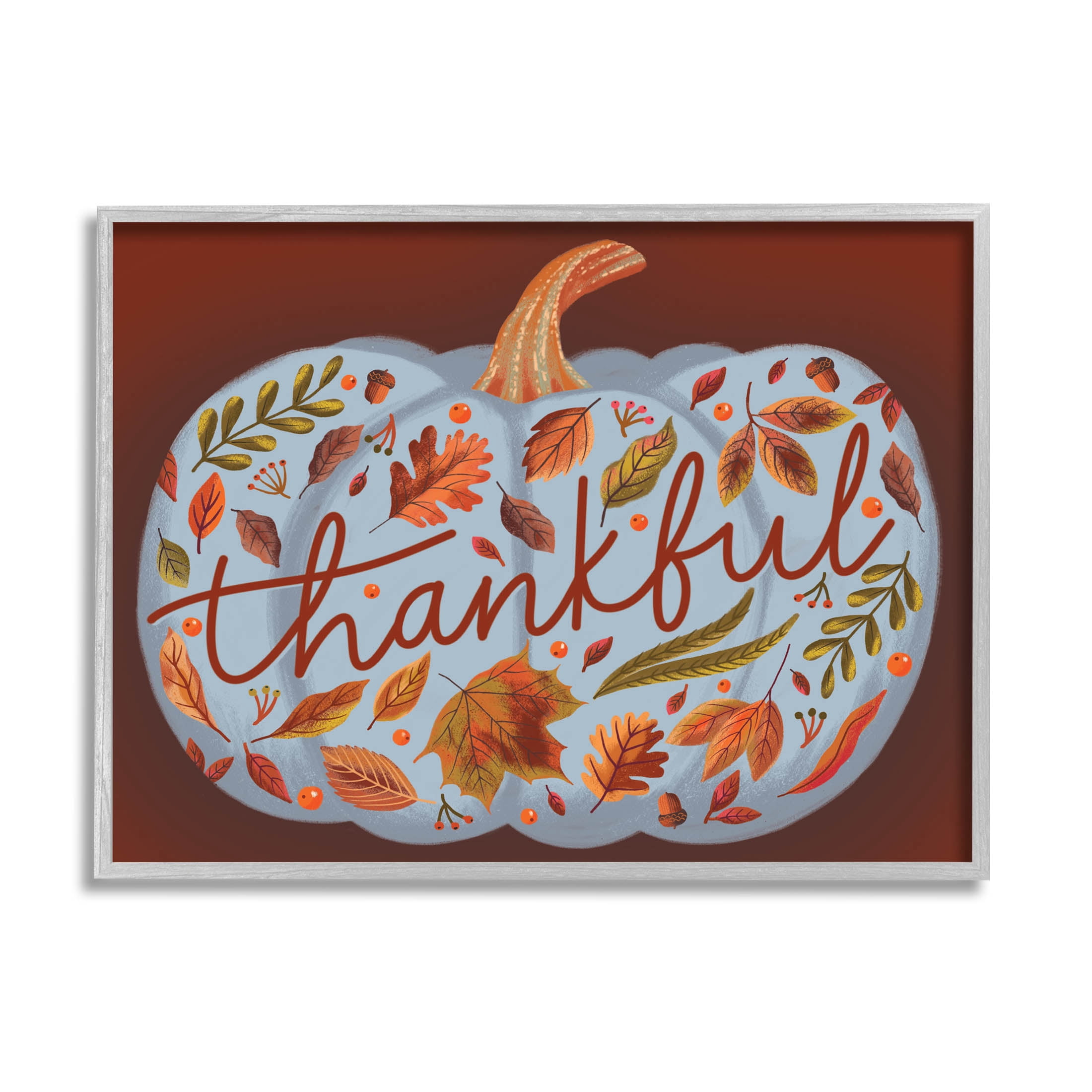 Thankful Leaf Patterned Pumpkin Holiday Graphic Art Gray Framed Art Print Wall Art