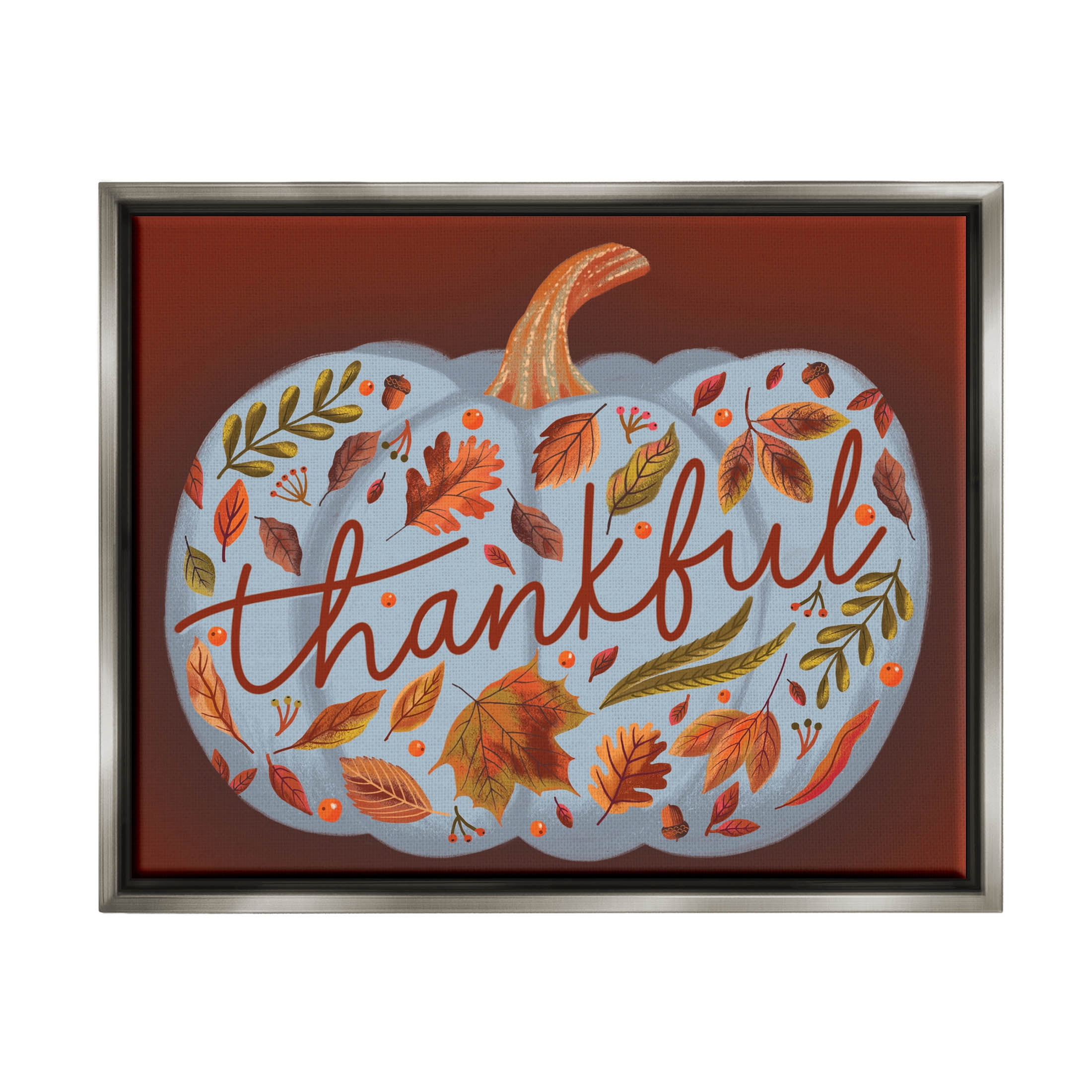 Thankful Leaf Patterned Pumpkin Holiday Graphic Art Luster Gray Framed Art Print Wall Art