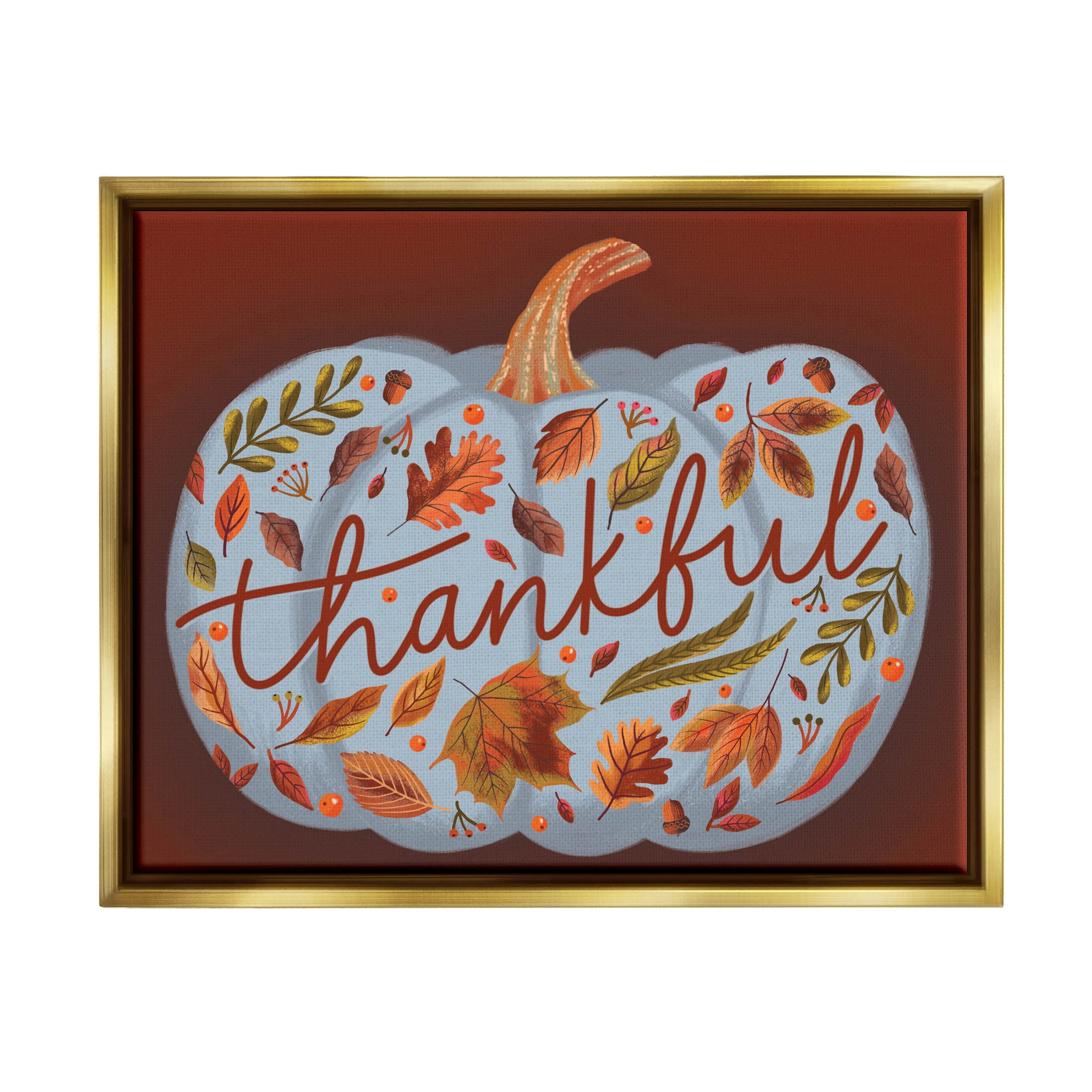 Thankful Leaf Patterned Pumpkin Holiday Graphic Art Metallic Gold Framed Art Print Wall Art