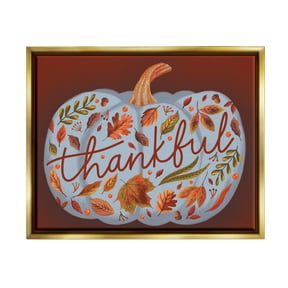 Thankful Leaf Patterned Pumpkin Holiday Graphic Art Metallic Gold Framed Art Print Wall Art