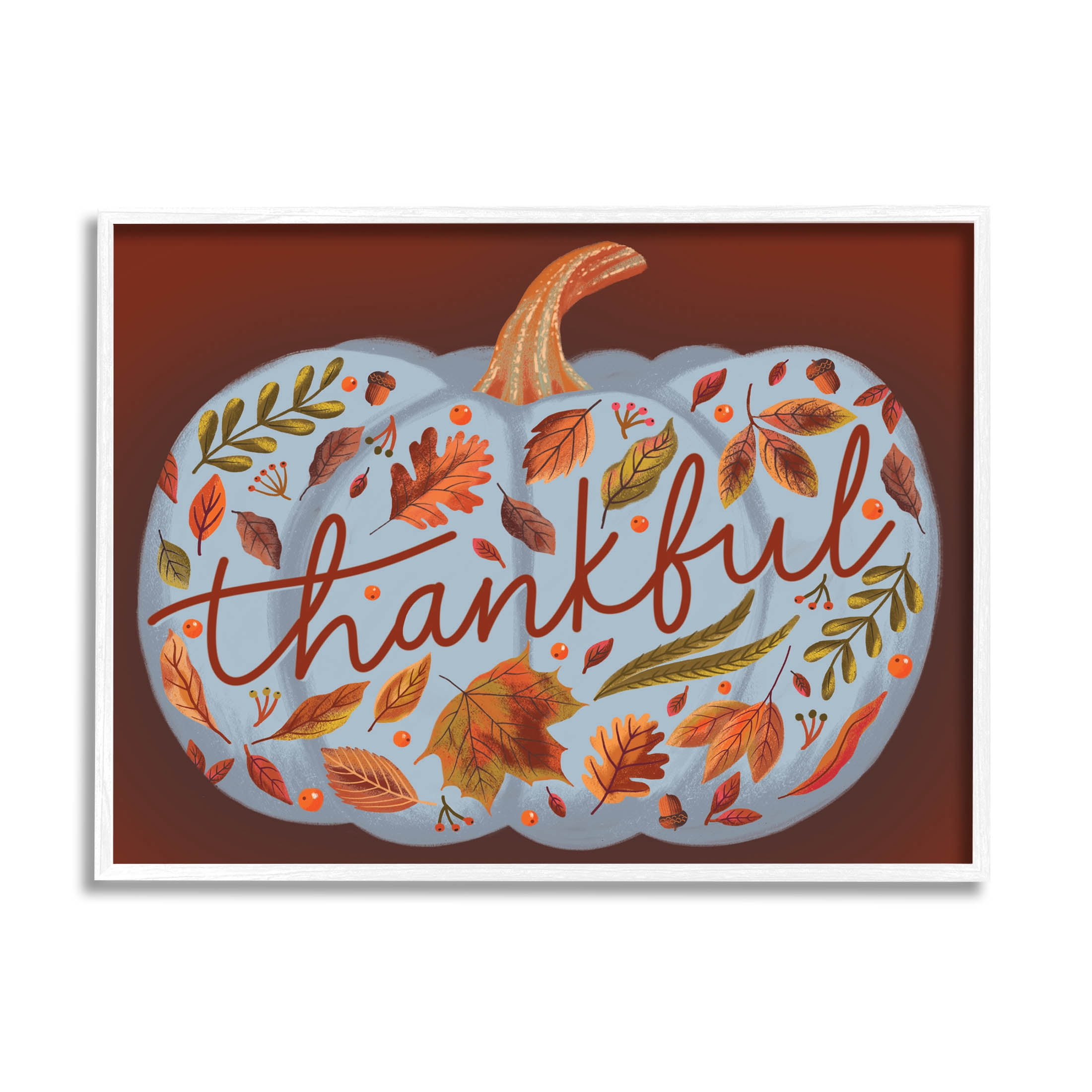 Thankful Leaf Patterned Pumpkin Holiday Graphic Art White Framed Art Print Wall Art