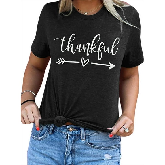 Thankful Letter Print Women Short Sleeve Summer T-Shirt