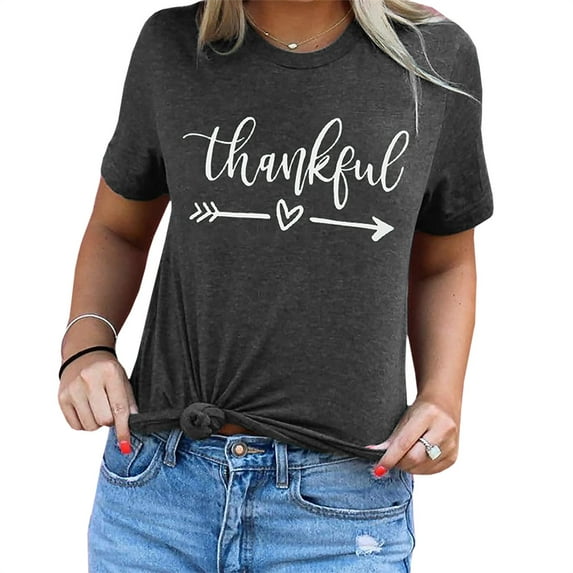 Thankful Letter Print Women Short Sleeve Summer T-Shirt