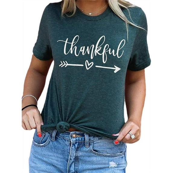 Thankful Letter Print Women Short Sleeve Summer T-Shirt