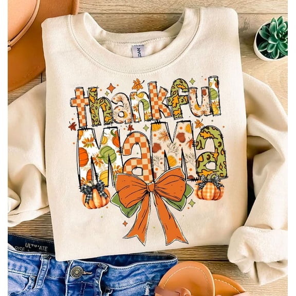 Thankful Mama Fall Sweater, Coquette Pumpkin Autumn Vibes Girly Fall Mama Sweatshirt