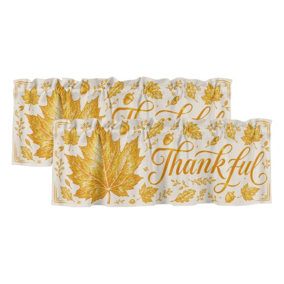 Thankful Maple Leaf 2 Panels Kitchen Valance, Thanksgiving Fall Rustic Minimalist Gold Leaves Curtains Valances for Small Windows Rod Pocket Window Treatments for Living Room Bedroom 42"W x 12"L