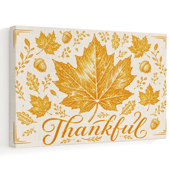 Thankful Maple Leaf Canvas Wall Art 10" x 8" Thanksgiving Fall Rustic Minimalist Gold Leaves Frame Picture Prints, Ready to Hang Waterproof Artwork Decor for Bathroom, Kitchen Small Wall Spaces