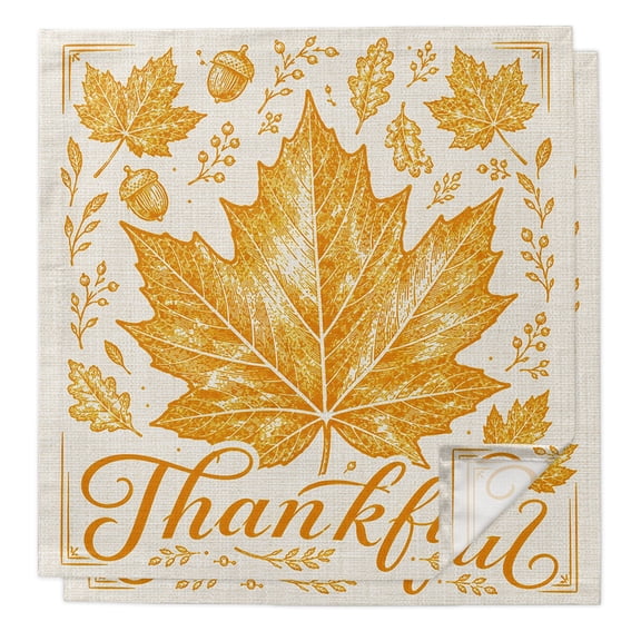 Thankful Maple Leaf Cloth Napkins Set of 2 Thanksgiving Fall Rustic Minimalist Gold Leaves Soft Washable Square Dinner Napkins for Party Wedding Restaurant Hotel Cocktail 20x20 Inch