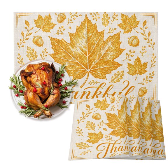 Thankful Maple Leaf Cotton Linen Placemats Set of 1, Thanksgiving Fall Rustic Minimalist Gold Leaves Washable Table Place Mats Heat Insulating Placemat for Dining Room Kitchen Daily Use 13 x 19 Inch