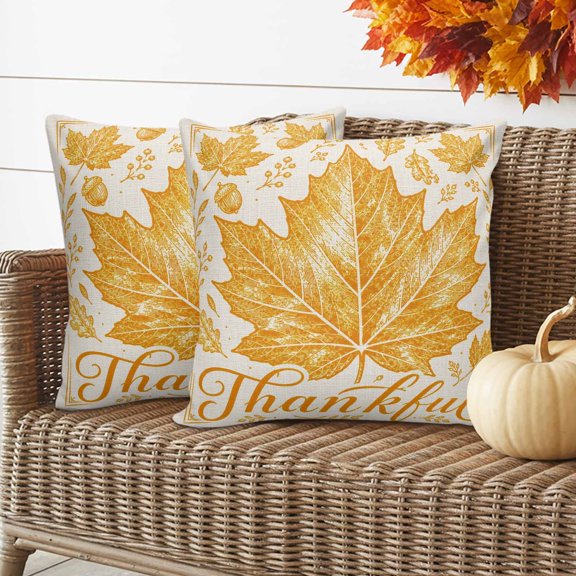 Thankful Maple Leaf Pillow Covers 2 Pack Thanksgiving Fall Rustic Minimalist Gold Leaves Pillowcase Waterproof Outdoor Throw Pillow Cover for Patio Garden Balcony Decorative Square Cushion 24"x24"