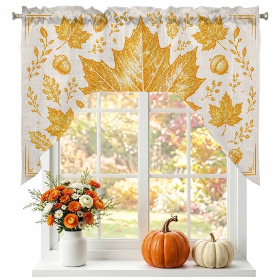 Thankful Maple Leaf Swag Valances for Windows 56 x 36 Inch, Thanksgiving Fall Rustic Minimalist Gold Leaves Rod Pocket Light Filtering Window Topper for Kitchen Bathroom Bedroom Living Room