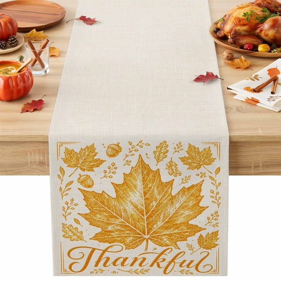 Thankful Maple Leaf Table Runner 13x90 Inch Thanksgiving Fall Rustic Minimalist Gold Leaves Cotton Linen Dining Table Runner Ideal for Dresser Kitchen Coffee Tables - Machine Washable
