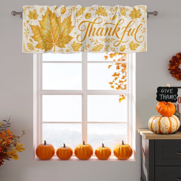 Thankful Maple Leaf Window Valance for Kitchen, Thanksgiving Fall Rustic Minimalist Gold Leaf Rod Pocket Short Curtains for Bathroom Bedroom Window, Light Filtering Decorative Valances 42x12 Inch