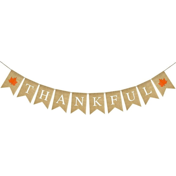 Thankful Orange Maple Leaf Burlap Banner, Rustic Jute Pennant Garland for Fall Thanksgiving Harvest Farmhouse Front Door Mantel Decor Supplies