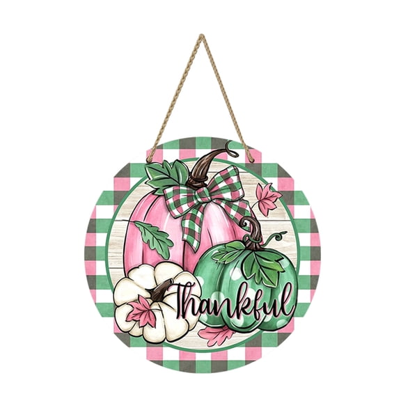 Thankful Pink Green Pumpkin Wooden Door Hanging Sign, Vintage Plaid Autumn Decor Gift For Farmhouse Lover Thanksgiving Party Present