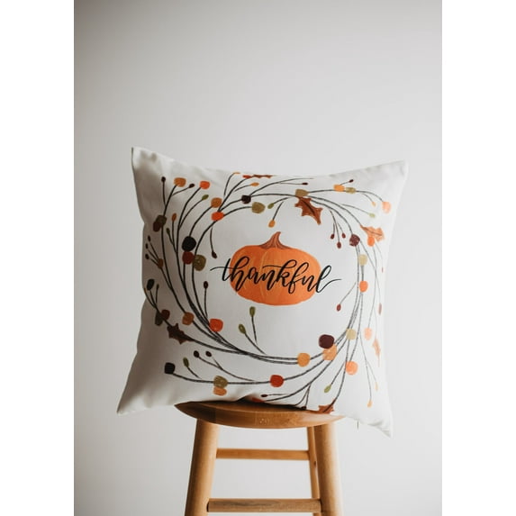 Thankful Primitive Pumpkin Wreath Pillow Cover | Thanksgiving Décor | Farmhouse Pillows | Country Decor | Fall Throw Pillows | Gift for her