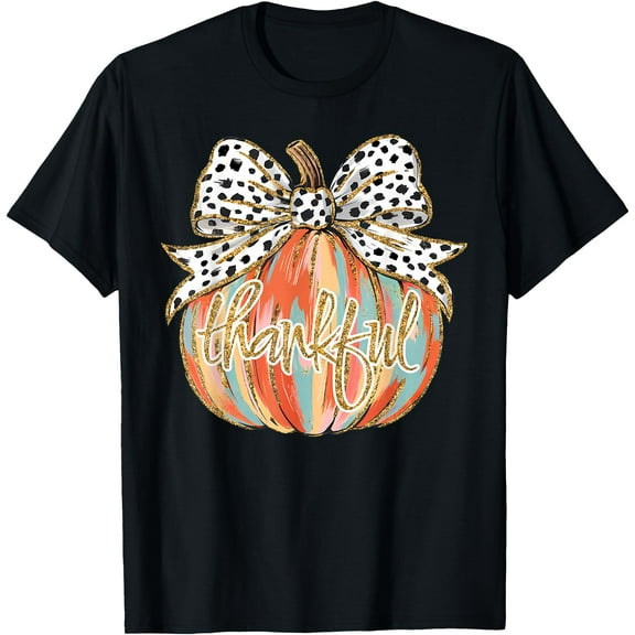 Thankful Pumpkin Coquette Bow Thanksgiving Fall Y'all Autumn T-Shirt,Top Tees,Black