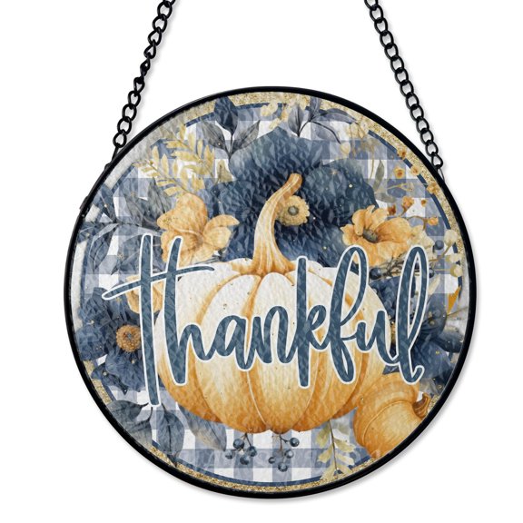 Thankful Pumpkin Fall Suncatcher Stained Glass Style UV Printed Glass Thanksgiving Family Gift Round