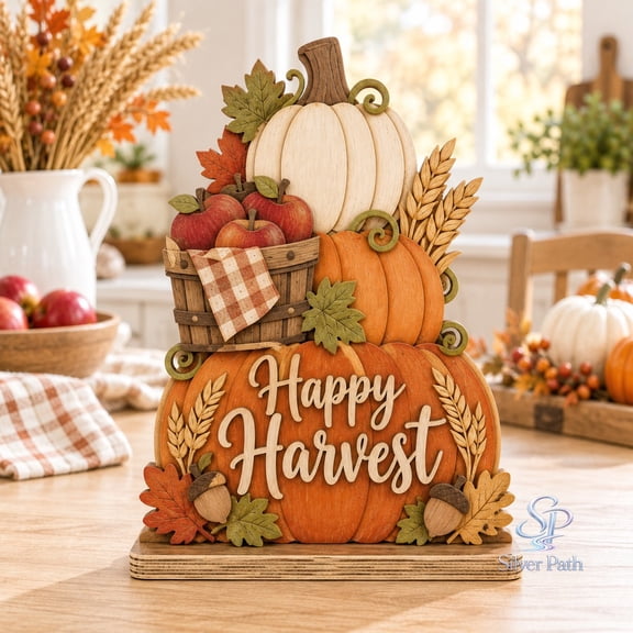 Thankful Pumpkin Wooden Block 2 Layer, Happy Harvest Tabletop Decor for Fall Gatherings
