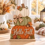 Thankful Pumpkin Wooden Block 2 Layer, Hello Fall Stacked Pumpkins Tabletop Decor