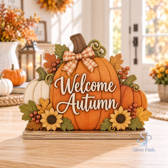 Thankful Pumpkin Wooden Block 2 Layer, Welcome Autumn Tabletop Decor for Fall Entryway