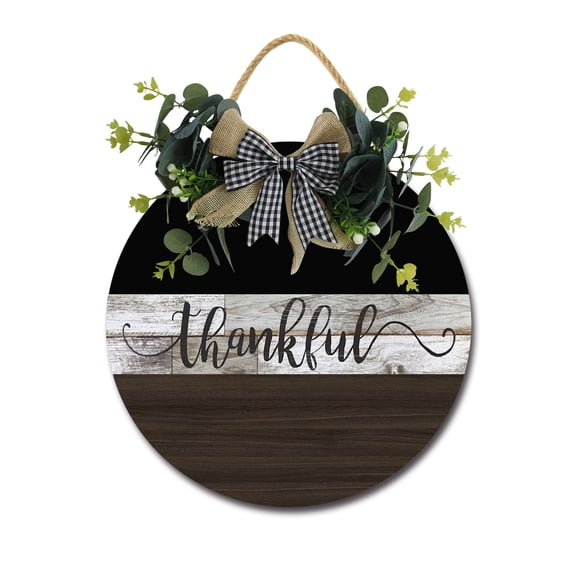 Thankful Sign Farmhouse Wood Sign Front Porch Decor Rustic Wooden Sign Wall Decor Hanging Wooden Decorations with Bow-Knot for Home Porch Wall Door, 11 x 11 inch