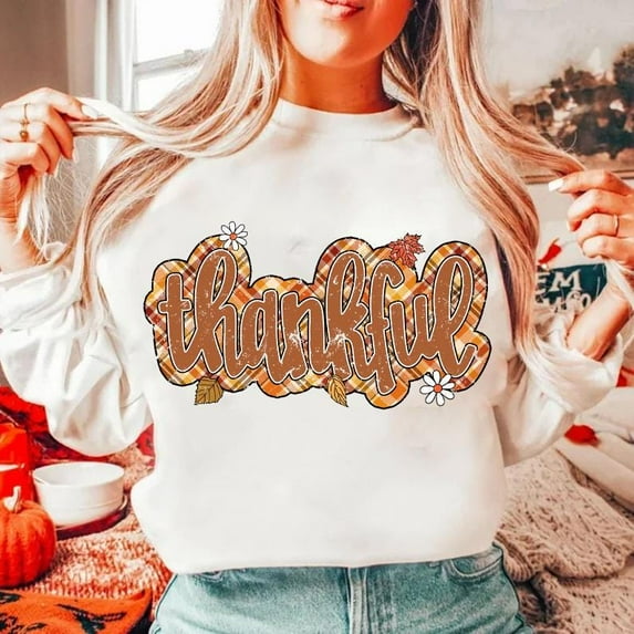 Thankful Sweatshirt, Colorful Gold Glitter Fall Shirt with Plaid Accents, Retro Autumn Thanksgiving SWEAT Sweatshirt, Trendy Seasonal Grateful Top