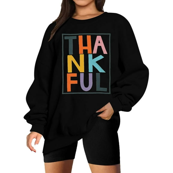 Thankful Sweatshirt Women Thanksgiving Day Colorful Letter Print Pullover Crewneck Long Sleeve