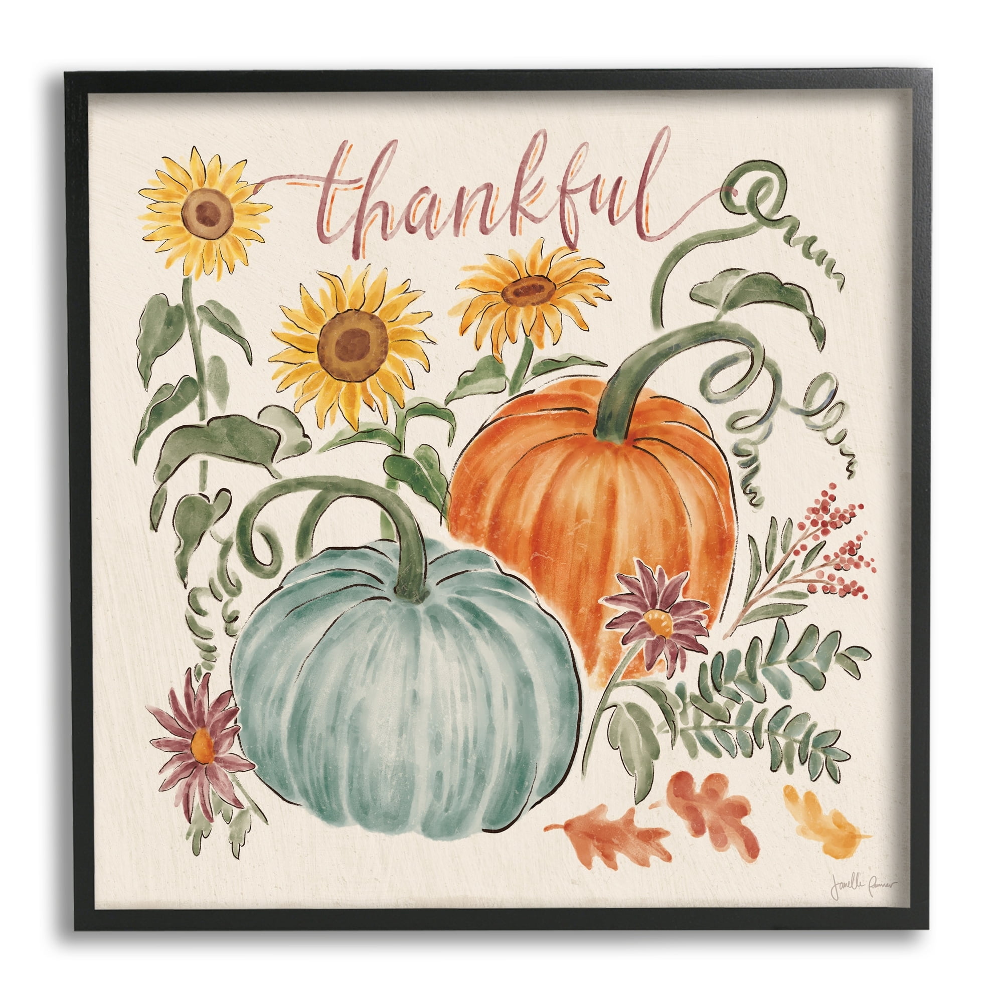 Thankful Text Autumnal Flower Blossoms Pumpkins Design Botanical & Floral Painting Framed Art Print Wall Art