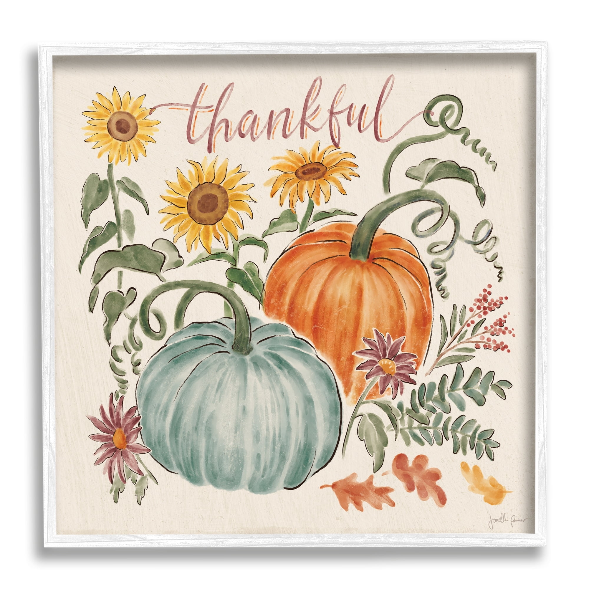 Thankful Text Autumnal Flower Blossoms Pumpkins Design Botanical & Floral Painting Framed Art Print Wall Art