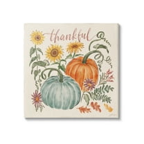 Thankful Text Autumnal Flower Blossoms Pumpkins Design Botanical & Floral Painting Gallery-Wrapped Canvas Print Wall Art
