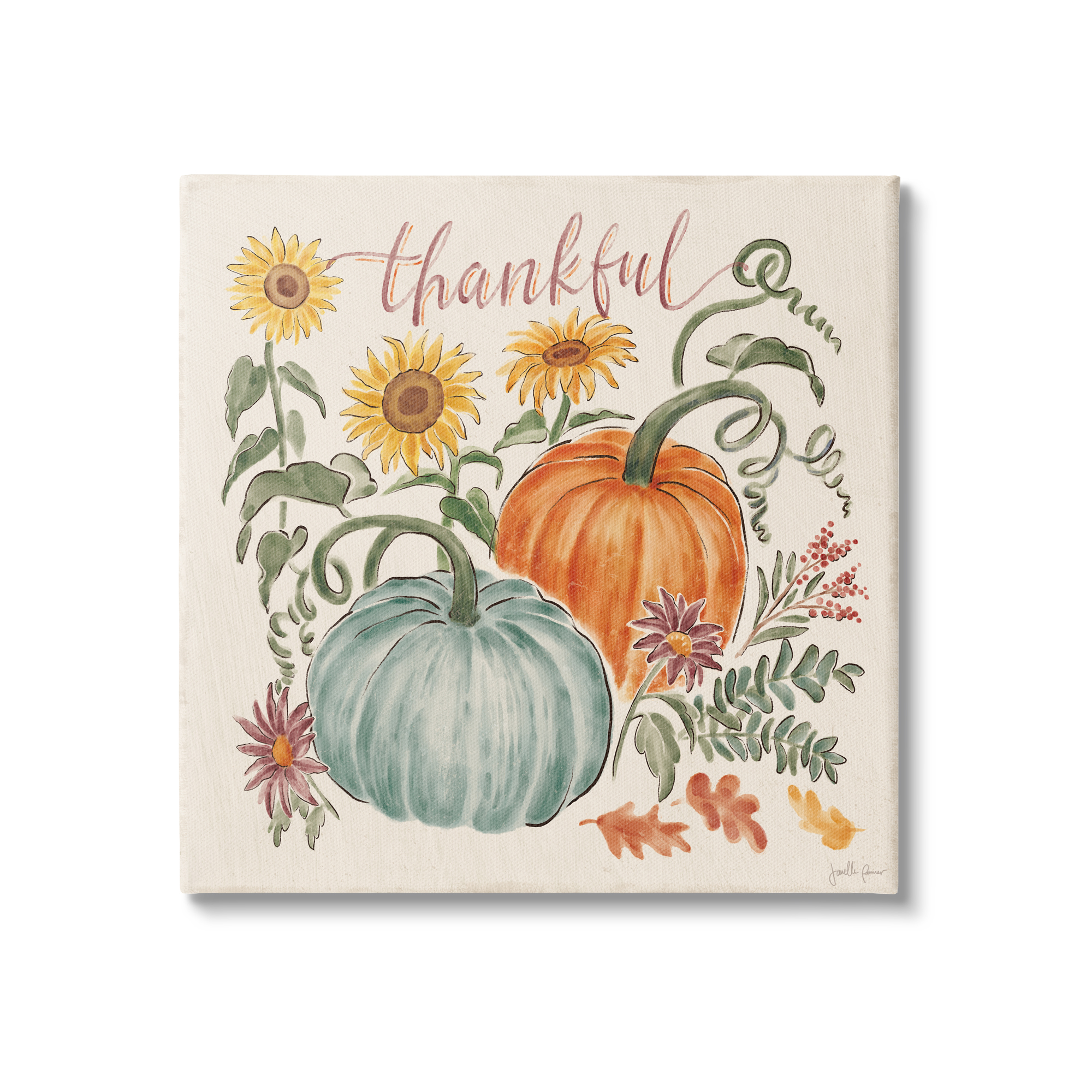 Thankful Text Autumnal Flower Blossoms Pumpkins Design Botanical & Floral Painting Gallery-Wrapped Canvas Print Wall Art