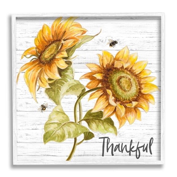 Thankful Text Country Sunflowers Bumble Bees Botanical & Floral Framed Art Print Wall Art, 17x17