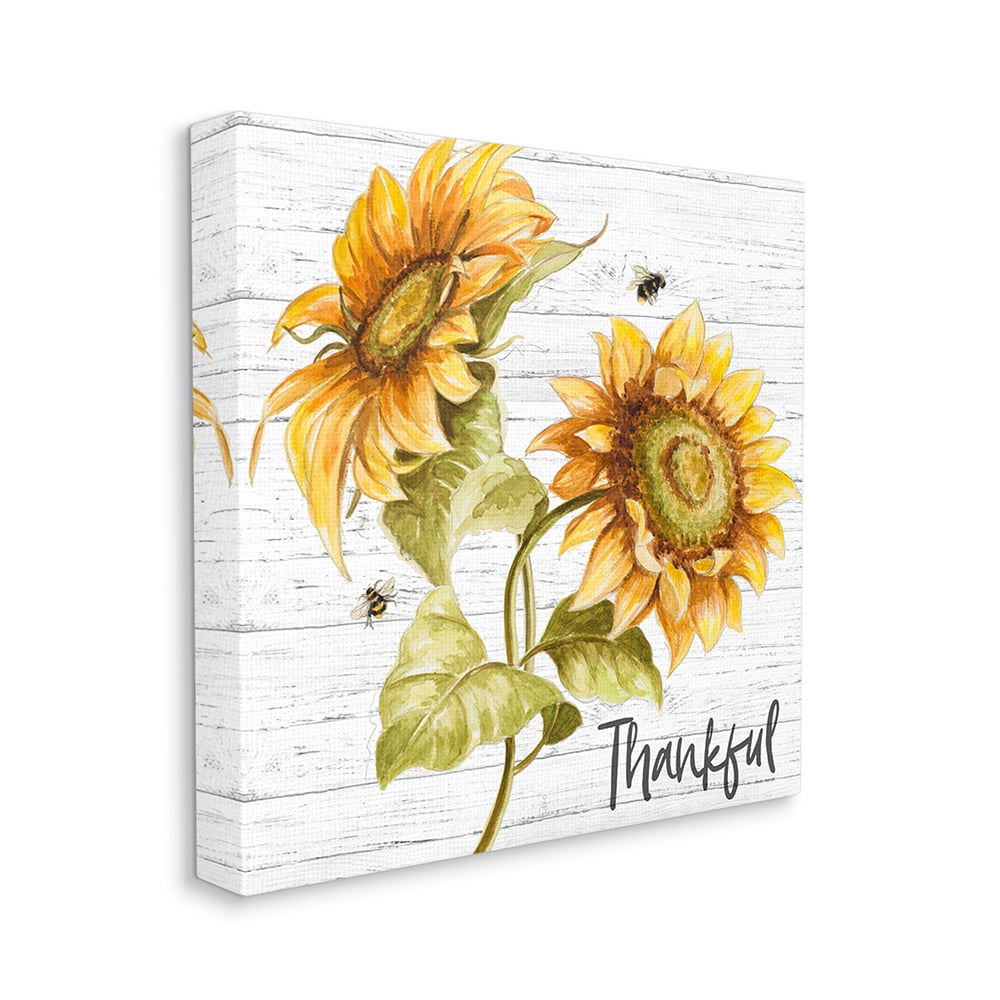 Thankful Text Country Sunflowers Bumble Bees Botanical & Floral Gallery-Wrapped Canvas Print Wall Art, 17x17