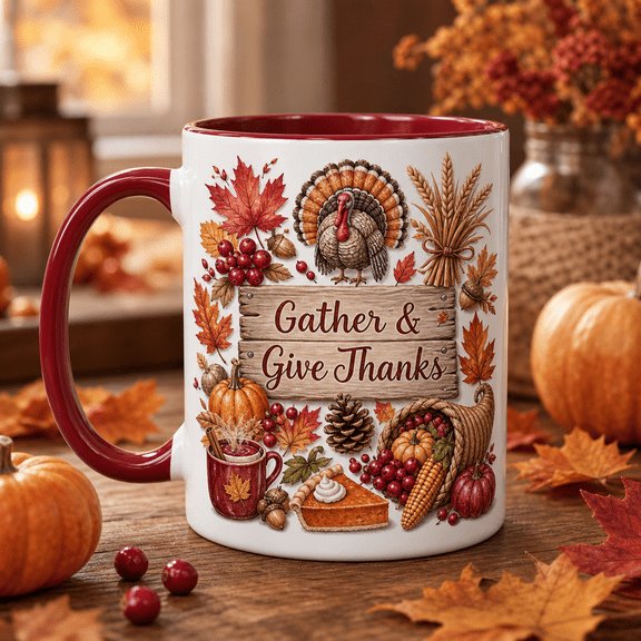 Thankful Turkey Cranberry Red Ceramic Coffee Mug Thanksgiving Gift