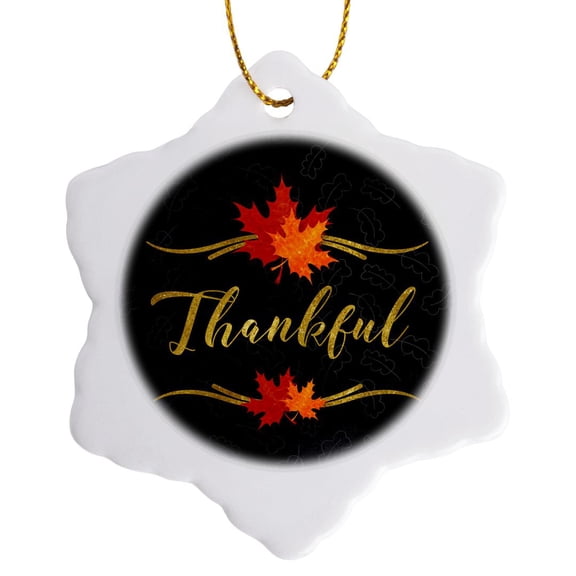 3drose, Thankful Typography Faux Gold Leaf and Chalkboard Fall Theme, 3 inch Snowflake Porcelain Ornament
