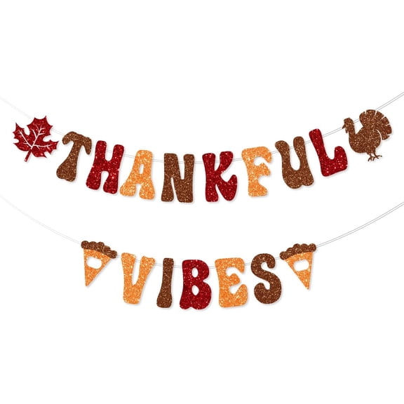 Thankful Vibes Banner for Pre-Strung Happy Thanksgiving Day Party Decoration Glitter Pie Turkey Maple Leaves Garland for Holiday Fall Autumn Friendsgiving Home Office Decor Supplies NO DIY