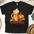 thumbnail image 1 of Thankful Vibes T-Shirt | Pumpkin Spice Coffee Fall Graphic Tee, Black, Size XL, 1 of 6