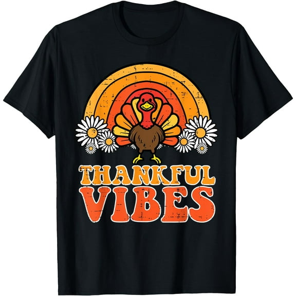 Thankful Vibes Turkey Rainbow Funny Retro Thanksgiving Women T-Shirt,Top Tees,Black