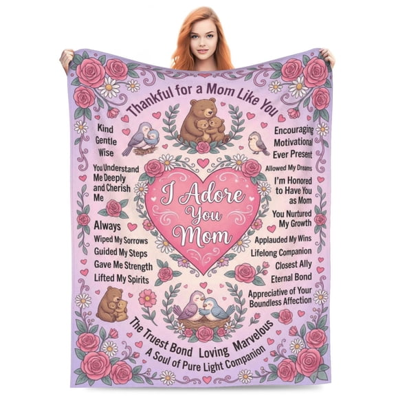 Thankful for Mom Blanket Mother's Day Gift, Pink Floral Bear Throw, Heartfelt Flannel Decor 50×40