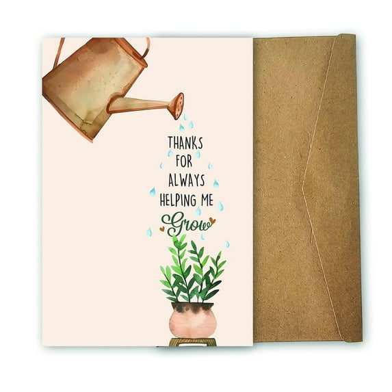 Thanks For Always Helping Me Grow Card – Watering Can & Plant Design – Blank Inside with Envelope – Perfect Thank You Card for Parents, Friends, Teachers